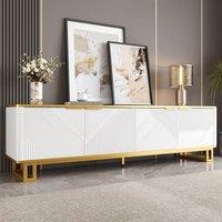 Modern TV Cabinet with 4 Geometric Embossed Doors and Open Top Shelf, Spacious TV Stand with Hidden Storage, 160L x 37.5W x 48H cm, White Aosom UK