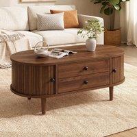 Spacious Room Table with Sliding Doors and 2 Drawers, Oval Coffee Table with Vertical Slats and Clean Lines, 100L x 50W x 40H cm, Walnut Aosom UK