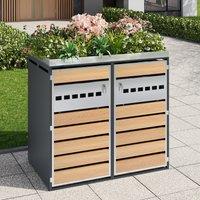 Lockable Outdoor Bin Storage Cabinet with Integrated Planter, Double Bin Storage Shed with Steel Frame, 132L x 80W x 124.5H cm, Grey+Wood Aosom UK