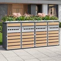 4-Compartment Outdoor Bin Enclosure with Integrated Planter, Planter-Top Bin Storage with Lockable Doors, 264L x 80W x 124.5H cm, Grey+Wood Aosom UK