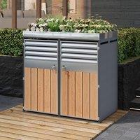 Pratical Bin Storage Unit with Built-In Planter, Double Bin Storage Shed with Galvanised Steel Frame, 132L x 80W x 124.5H cm, Grey+Wood Aosom UK