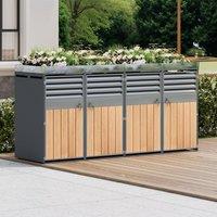 Lockable Bin Storage Unit with Integrated Planter, Durable Trash Can Shed with Corrosion-Resistant Frame, 264L x 80W x 124.5H cm, Grey+Wood Aosom UK