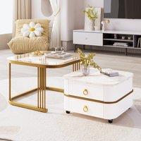 Nestable Coffee Table Set with Marble and Glass Tabletops with Gold Decoration, 2 Set Tables with Drawer, 60x60x45 cm + 50x50x34 cm, White Aosom.UK