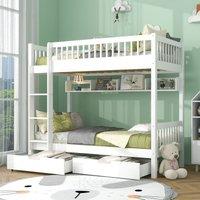 White Wooden Bed Frame for 2 Kids with 2 Under-Bed Drawer and Shelves, Space-Saving Beds with 3-Step Ladder, 198L x 99.5W x 152H cm, White Aosom.UK