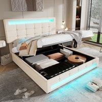 Upholstered Double Sofa Bed with Hydraulic Lift Storage, LED Light Strips, Bluetooth Stereo, Velvet and Iron Frame, 199x150x123 cm, Beige Aosom.UK