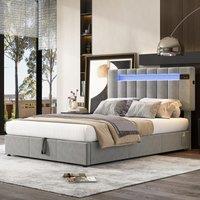 Upholstered Hydraulic Double Sofa Bed with Bluetooth Stereo, USB Ports, Storage Pockets, and LED Light Strips, 198x150x120 cm, Gray Aosom.UK