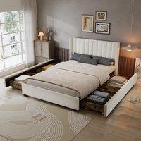 Upholstered Double Bed with Soft Padded Headboard, Practical Storage Bed with Smooth Castors, 200L x 142W x 118.5H cm, Beige Aosom UK