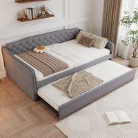 Space-Saving Upholstered Double Daybed with Pull-Out Trundle, Versatile Sofa Bed with Thick Foam Padding, 202L x 139.5W x 81.5H cm, Grey Aosom UK