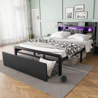 Metal Bed with LED Strip Lights and Charging Ports, Bed Frame with Wheeled Drawers, Padded Storage, 209L x 137.5W x 100H cm, Black Aosom UK