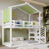 3ft Bunk Bed with Decorative Canopy, Corner Staircase, Picture Bookshelf, Single Bed with Wood Frame, 250L x 108W x 228.5H cm, White+Green Aosom UK