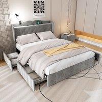 Double Velvet Upholstered Storage Bed with 4 Drawers, Soft Backrest, Table Lamp and 4 USB Ports, Durable, 206.5L x 142W x 109H cm, Gray Aosom.UK