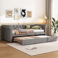 Upholstered Single Daybed Sofa Bed with Slatted Base, Convertible Bed-to-Sofa with Padded Velvet Headboard, 221L x 98.5W x 71.5H cm, Grey Aosom UK