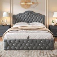 Upholstered Double Bed with Hydraulic Lift Storage, Diamond-Textured Velvet, Iron Bed Frame for Bedroom, 198.5L x 146W x 116H cm, Gray Aosom.UK
