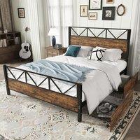 Minimalist Metal Double Bed with 2 Drawers, Sturdy Iron and MDF Frame, Storage Bed for Adults, Teenagers, 198L x 137W x 116H cm, Black+wood Aosom UK