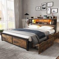 Metal Double Bed with 2 Underbed Drawers, LED Light Strip, USB Charging Ports, Storage Bed with Iron Frame, Headboard Cabinets, Black Aosom UK