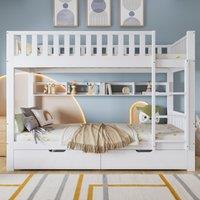 SpaceSaving Children's Bunk Bed with Safe 3-Step Ladder, Versatile Storage Bed with Under-Bed Sliding Drawers, 198L x 98W x 152H cm, White Aosom UK