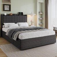 Spacious Upholstered Bed with 4 UnderBed Drawers, Cozy Bed Frame with Soft Headboard and Linen Surface, 208L x 140W x 111H cm, Grey Aosom UK