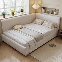 4ft6 Double Bed with Integrated Side Rails, Ideal Bed Frame for Children and Elderly Users, 194L x 146.5W x 82.5H cm, Beige Aosom UK