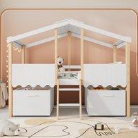 Kids Bed with 2 Wheeled Storage Boxes, Safety Guardrail, Roof Design, Bunk Bed for Children's Room, 196L x 98W x 158.5H cm, White+Natural Aosom.UK