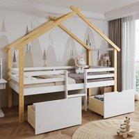3ft Children's Bed with 2 Storage Drawers, Safety Guardrail, Wood Frame, Single Bed with Roof Design, 201.5L x 95W x 212H cm, White+Natural Aosom UK