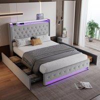 4ft6 Upholstered Double Bed with 4 Storage Drawers, Velvet Headboard, LED Light Strips, Suitable for Bedroom, 206L x 143W x 115H cm, Grey Aosom.UK