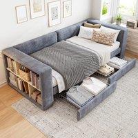 3FT Upholstered Single Bed with 2 Drawers, Side Compartments, Easy Assembly, Daybed Sofa Bed with Storage, 223.5L x 101W x 74.5H cm, Grey Aosom.UK