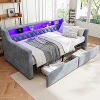 3FT Sofa Bed with 2 Drawers on Wheels, Light Strip, Charging Port, Upholstered Single Bed with Velvet Finish, 206L x 104W x 74H cm, Grey Aosom.UK
