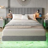 Upholstered Double Bed with Headboard Storage, LED Light, Iron Frame, Velvet Bed Base with Reading Light, 199L x 206.5W x 103H cm, Grey Aosom.UK