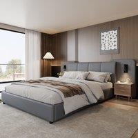 Upholstered Double Bed with Charging Port and Lighting, Full-Size Bed with Impact-Resistant Sponge Padding, 209L x 221W x 86.5H cm, Grey Aosom UK
