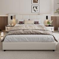 Upholstered Double Bed with Charging Port and Lighting, Headboard with Impact-Resistant Sponge Padding, 209L x 221W x 86.5H cm, Beige Aosom UK