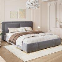 Upholstered Hydraulic Bed with Storage and Removable Headboard, Crafted Headboard with Velvet and Plywood, 210L x 159W x 90H cm, Grey Aosom UK