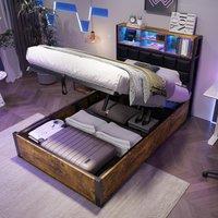 Hydraulic Storage Single Bed with Multi-Colour LED Strip, Charging Ports, Sponge Headboard for Bedroom, 208L x 96W x 107H cm, Black+Neutral Aosom UK