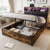 Hydraulic Storage Bed with Charging Sockets and LED Strip, Double Bed with Hydraulic Storage, 208L x 141W x 107H cm, Black+Neutral Aosom UK