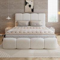Plush Boucle Bed with Hydraulic Storage and Raised Headboard, Durable Frame with Slats, Self-Assembly, 204.5L x 142W x 100.5H cm, Beige Aosom UK