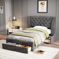 3FT Single Comfy Upholstered Storage Bed with 4 Drawers and Soft Backrest, Sofa Bed Couch with Metal Frame, 204L x 101W x 106H cm, Gray Aosom.UK