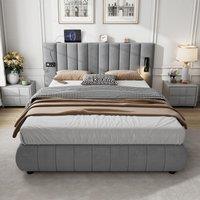 Upholstered Velvet King Size Bed with Integrated Stereo, Charging Ports, Iron Frame, Perfect for Bedroom Decor, 218L x 182W x 103H cm, Grey Aosom.UK