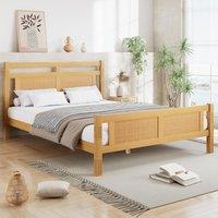 4ft6 Double Bed with Natural Timber Finish and MDF Back Panel, Upholstered Bed with Sturdy Plywood Slats, 199L x 142W x 98H cm, Natural Aosom UK