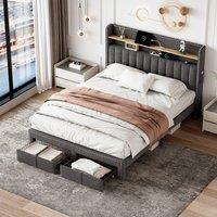 Double Upholstered Bed with Storage Drawers, Charging Ports, Linen Platform Frame with LED Night Light, 205L x 142.5W x 122H cm, Grey Aosom UK