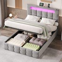 Double Upholstered Bed Frame with Hydraulic Storage, Velvet Bed with LED Lighting and Charging Station, 202.5L x 142W x 108H cm, Grey Aosom UK