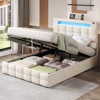 LED Double Upholstered Bed Frame with Charging Station & Adjustable Headboard, Velvet Hydraulic Storage Bed for Bedroom, 202.5L x 142W x 108H cm, Beige Aosom UK