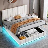 Upholstered King Bed with Hydraulic Storage, RGB LED Lighting, Bed Frame with Adjustable Headboard, 203L x 157W x 111H cm, Cream White Aosom.UK