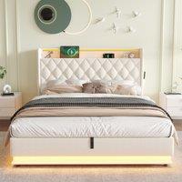 King Upholstered Bed Frame with Hydraulic Storage, LED Lighting and Charging Station, Perfect for Bedroom, 212L x 156W x 113H cm, Beige Aosom.UK