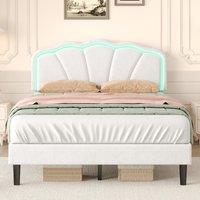 4ft6 Upholstered Double Bed with Adjustable LED Shell Headboard, Velvet Bed Frame with Solid Wood Slats, 194L x 139W x 111H cm, Cream White Aosom.UK