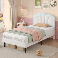 Single Upholstered Bed Frame with Adjustable Shell Headboard, RGB LED, Velvet Fabric Bed with Wooden Slats, 194L x 94W x 111H cm, White Aosom UK