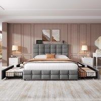 Double Upholstered Bed with 4 Storage Drawers and Charging Station, Adjustable Headboard, Perfect for Bedroom, 195L x 142W x 108H cm, Grey Aosom.UK