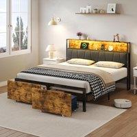 Double Bed Frame with Storage Drawers, RGB LED Headboard, Charging Station, Perfect for Bedroom, 205L x 136W x 116H cm, Black + Dark Walnut Aosom.UK