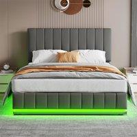 Double Bed with Hydraulic Storage, LED Lighting, PU Leather, Ottoman Bed Base with Adjustable Headboard, 193L x 142W x 101-111H cm, Grey Aosom.UK