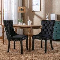 Set of 2 Velvet Dining Chairs, Upholstered Dining Chairs with Button Tufted Backrest, Solid Rubber Wood Legs, Suitable for Dining Room, 50L x 64W x 96H cm, Black Aosom UK