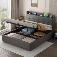 Upholstered Bed with Hydraulic Storage, LED Light, PU Leather Ottoman Bed with Charging Station, 217L x 152W x 115H cm, Grey Aosom UK