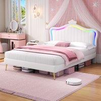 Upholstered Double Bed with Adjustable Crown Headboard, LED Bed Frame with Metal-Wood Support, 194L x 147W x 129H cm, Cream White Aosom UK